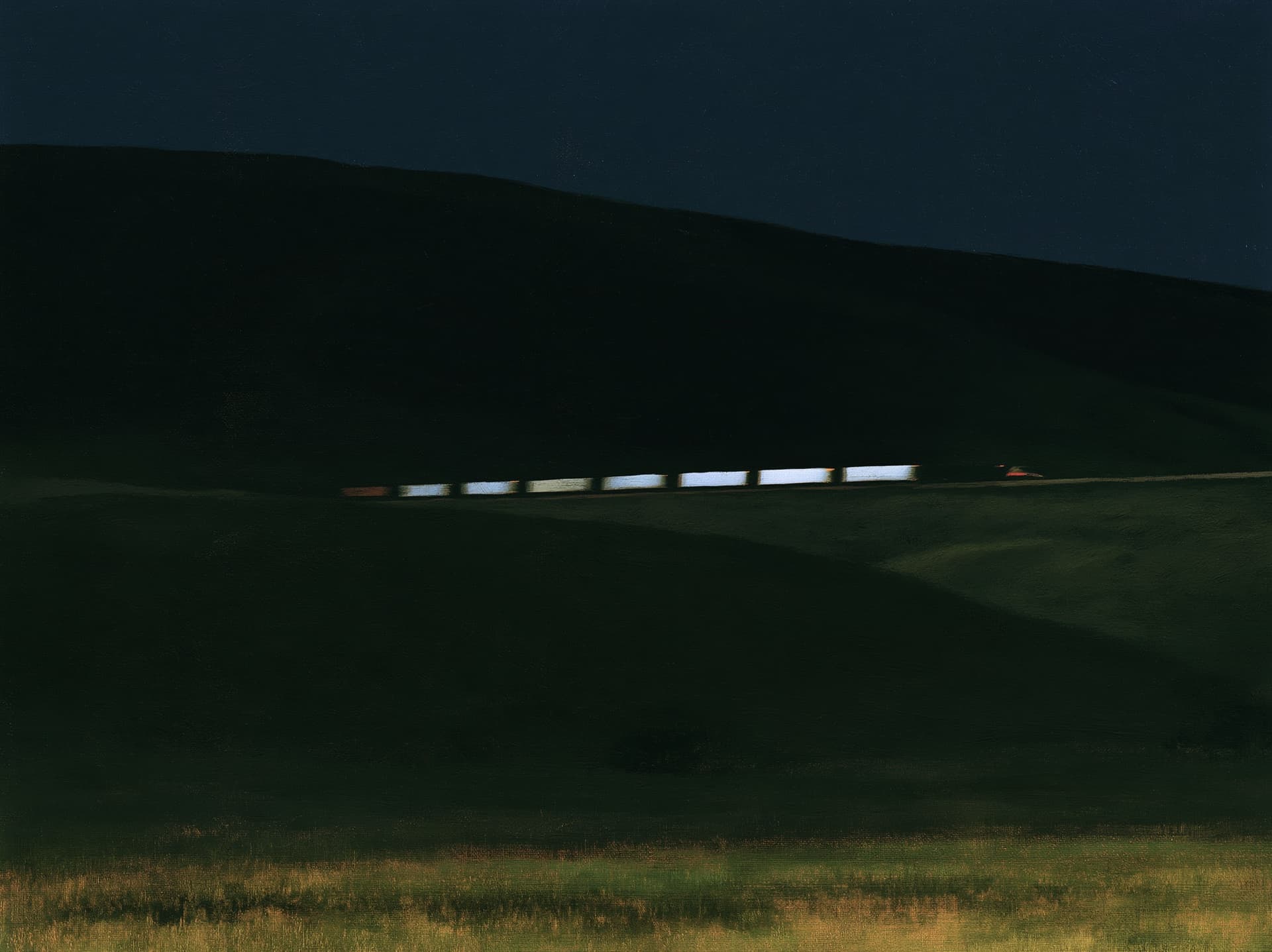 A freight train crossing a dark rural landscape.